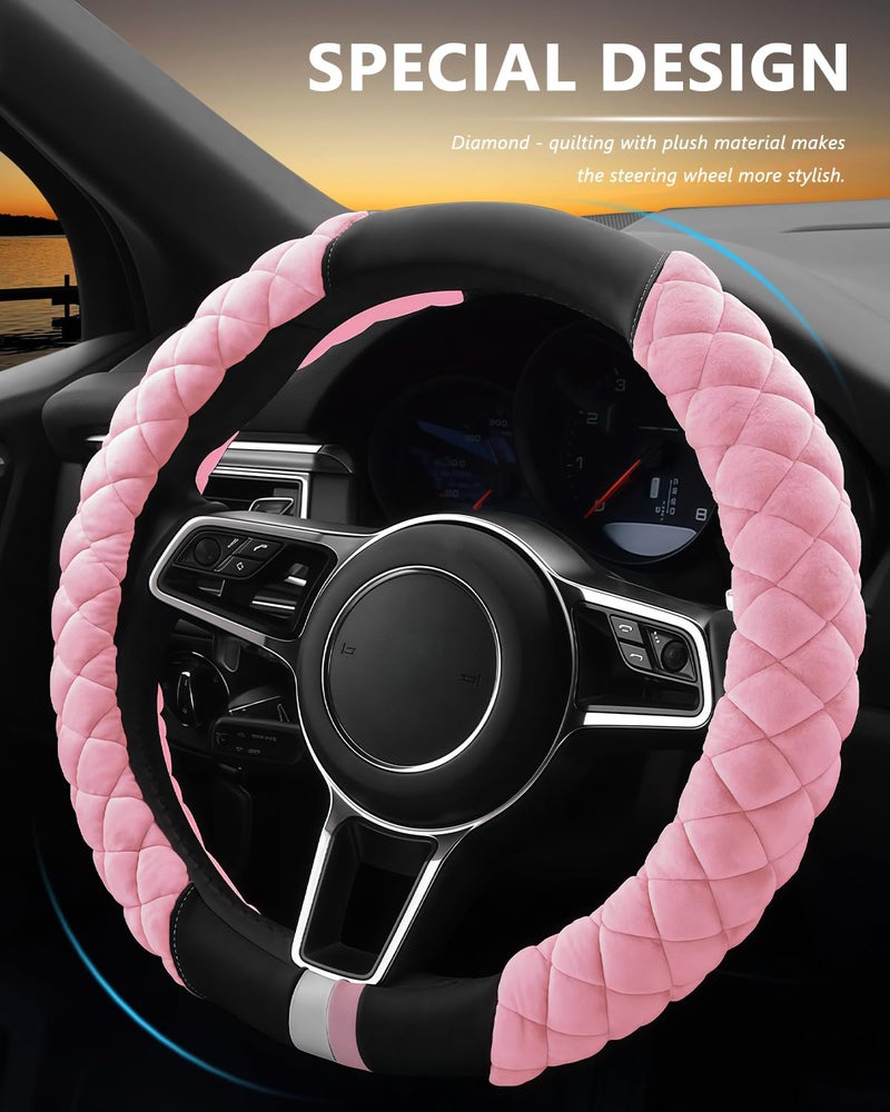 Cxtiy Universal Car Steering Wheel Cover Fluffy Winter Plush Steering Wheel Cover (A-Pink) - Image 2